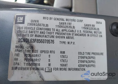 2005 Chevrolet Equinox Lt from USA, damaged, VIN 2CNDL63F856070576